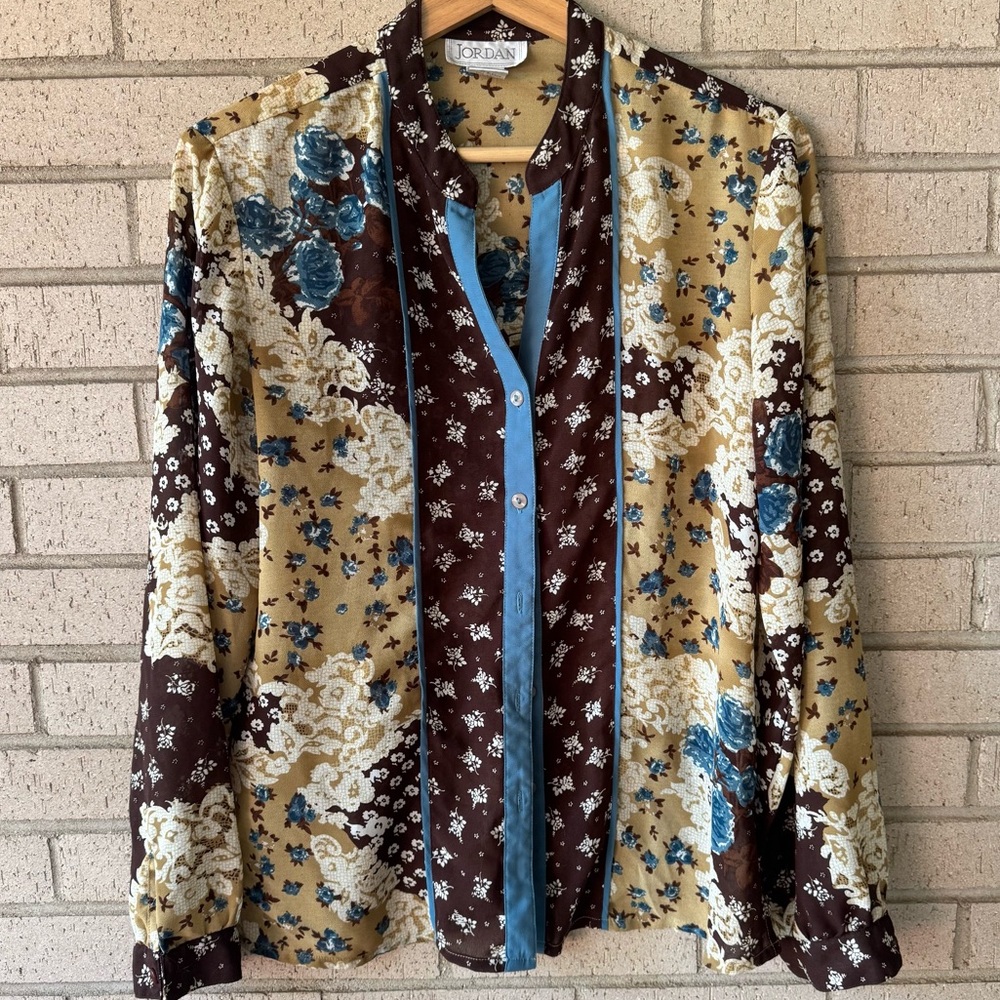 Vintage Brown Floral Patchwork Button-Up Top Western Retro Cowgirl Small